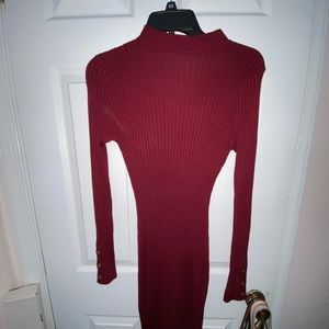Moc Neck Midi Long Sleeve Burgundy Dress